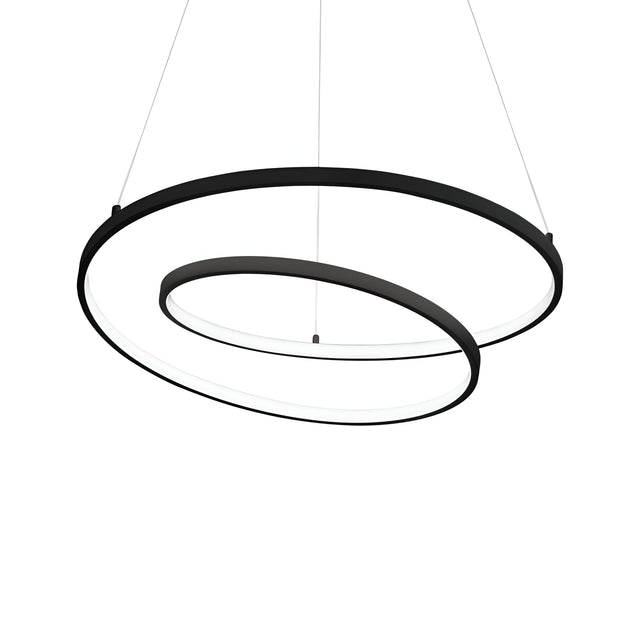 The Glistis Dimmable LED Suspension Light 3000K, 55W - Black, 80cm features a sleek design with two circular loops of different sizes, gracefully suspended against a white background. Its modern look is accentuated by thin connecting wires and the dimmable function that adds to its contemporary aesthetic.