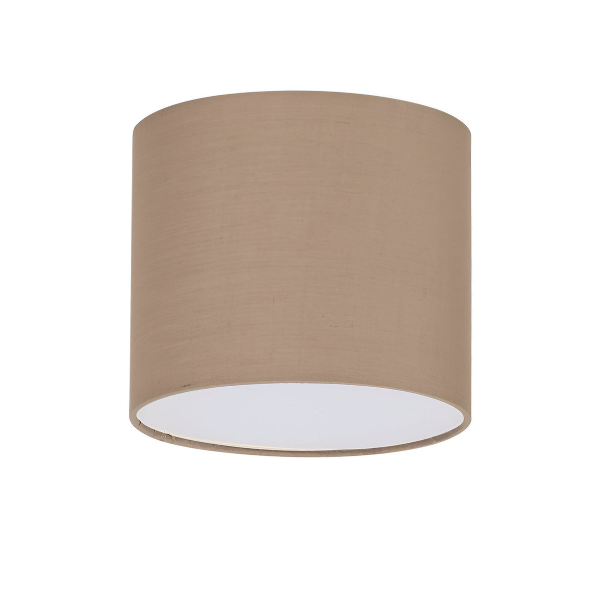 The Aethera Cylinder Lampshade in dark beige is a smooth, fabric-covered piece with a cylindrical design. When viewed at an angle showcasing both the side and open bottom, its interior presents a pristine white surface.