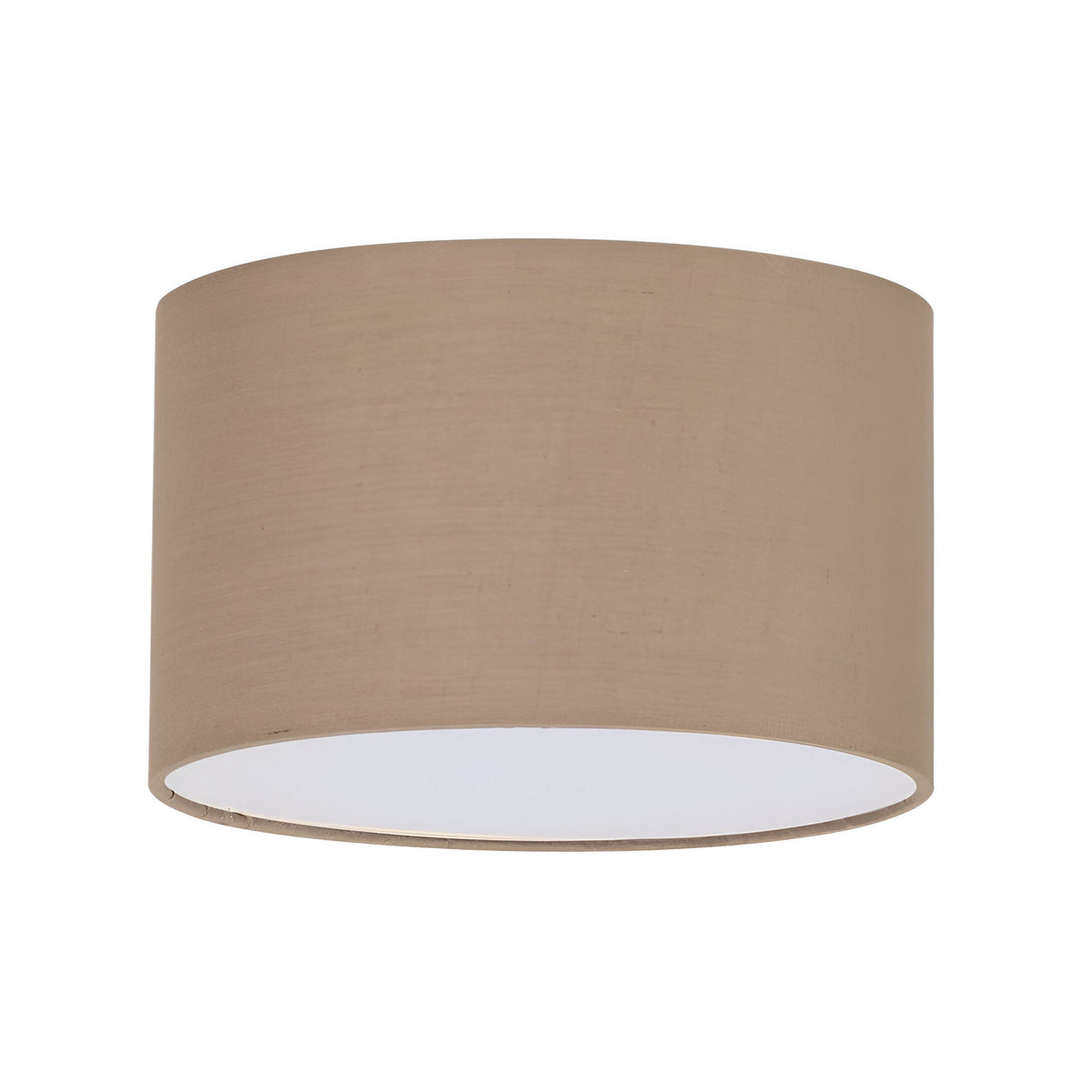Introducing the Aethera Cylinder Lampshade - Dark Beige, 30cm: It features a smooth texture with a cylindrical design set against a plain white background. The white inner lining provides a striking contrast, enhancing the ambient glow of its dark beige exterior.