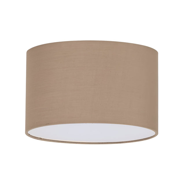 Introducing the Aethera Cylinder Lampshade - Dark Beige, 30cm: It features a smooth texture with a cylindrical design set against a plain white background. The white inner lining provides a striking contrast, enhancing the ambient glow of its dark beige exterior.