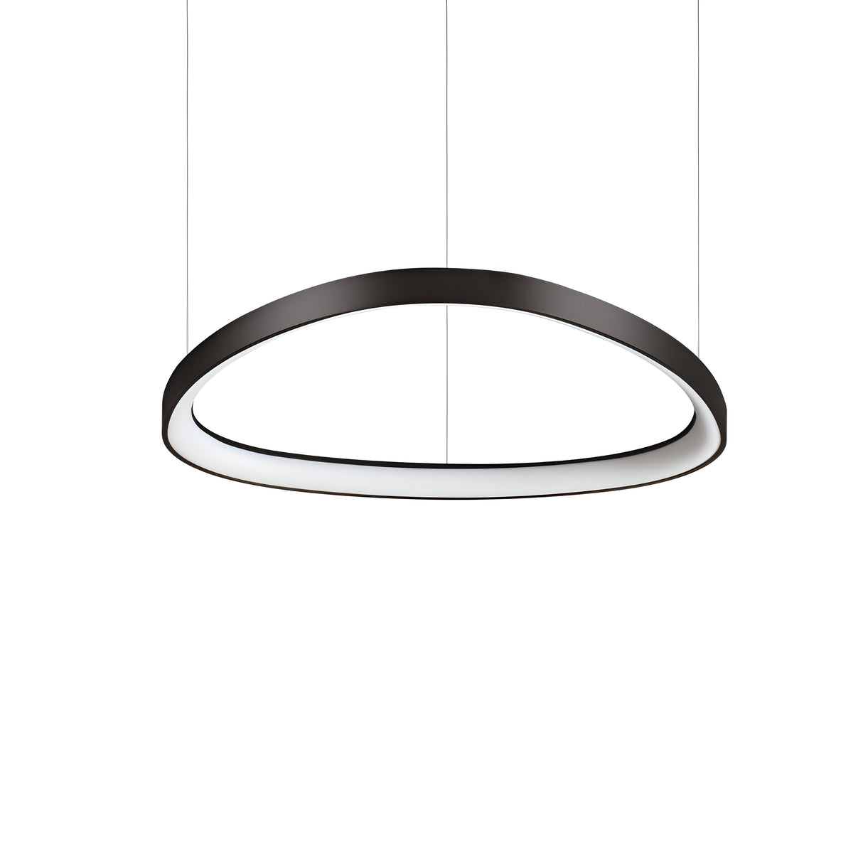 A sleek Zephra Dimmable LED Light Suspension 48W 3000K - Black, 61cm, hangs from the ceiling against a plain white background. Its modern black oval design features an inward-facing light source that casts a soft glow inside the ring.