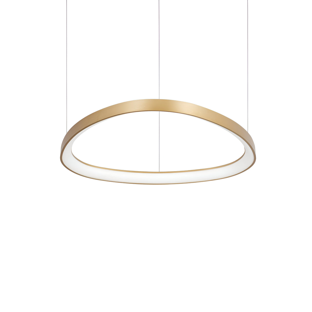 The Zephra Dimmable LED Light Suspension, with a sleek brass finish and white 3000K LED light source, is elegantly suspended by two thin wires. Its modern circular design measures 61cm and offers versatility with its dimming feature against a plain white backdrop.