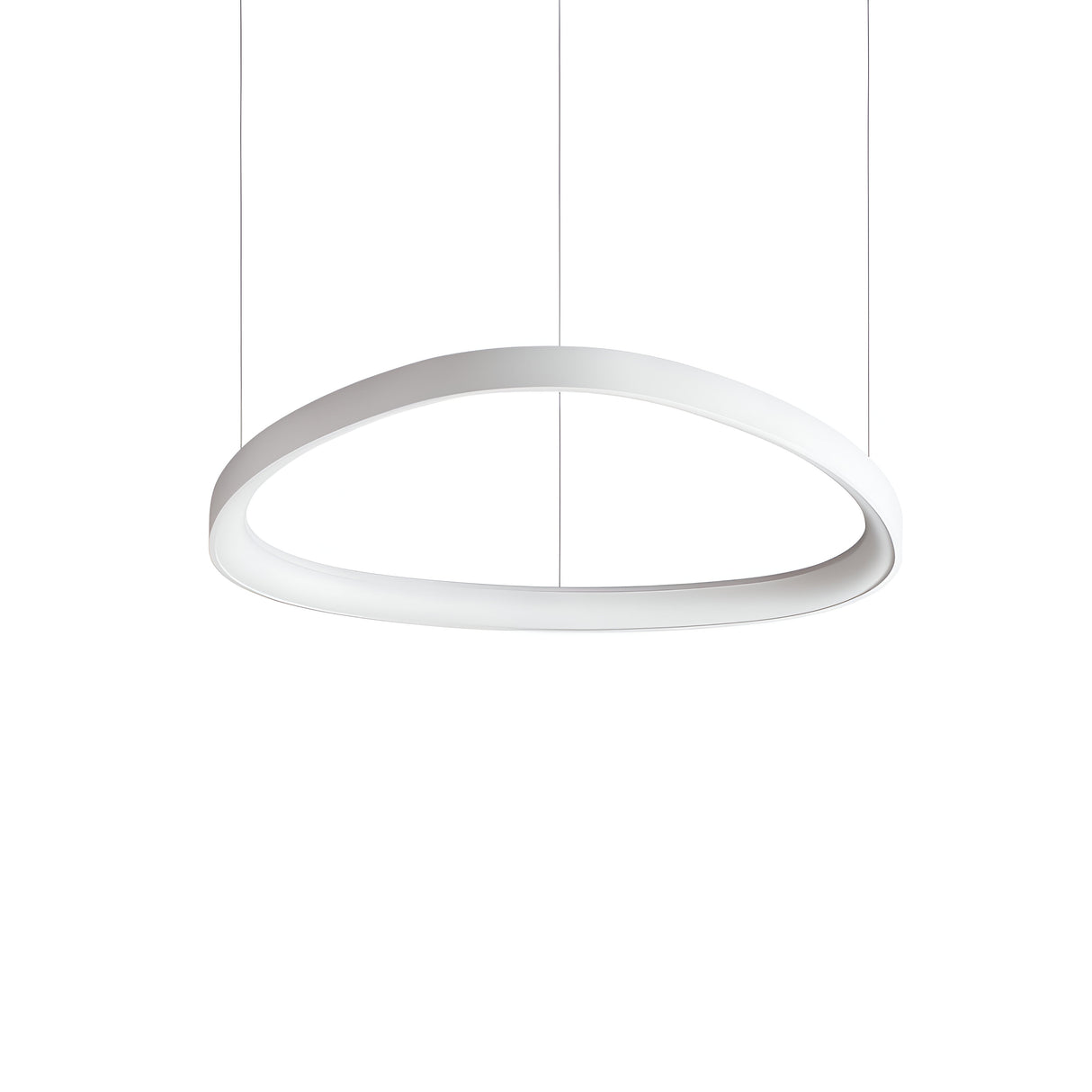 The Zephra Dimmable LED Light Suspension 48W 3000K - White, 61cm is a sleek and minimalist oval-shaped pendant light, elegantly suspended from the ceiling by thin wires. Its modern design allows it to seamlessly blend into any plain white background.