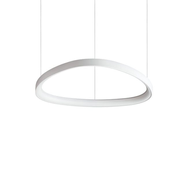The Zephra Dimmable LED Light Suspension 48W 3000K - White, 61cm is a sleek and minimalist oval-shaped pendant light, elegantly suspended from the ceiling by thin wires. Its modern design allows it to seamlessly blend into any plain white background.