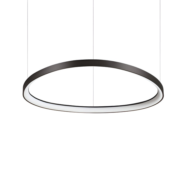 The Zephra Dimmable LED Light Suspension 55W 3000K - Black, measuring 81cm in diameter, is a modern lighting innovation with a sleek design. It features a sophisticated black frame hung by two slender wires, casting a radiant glow against any white setting and offering a dimmable function for adjustable ambiance.