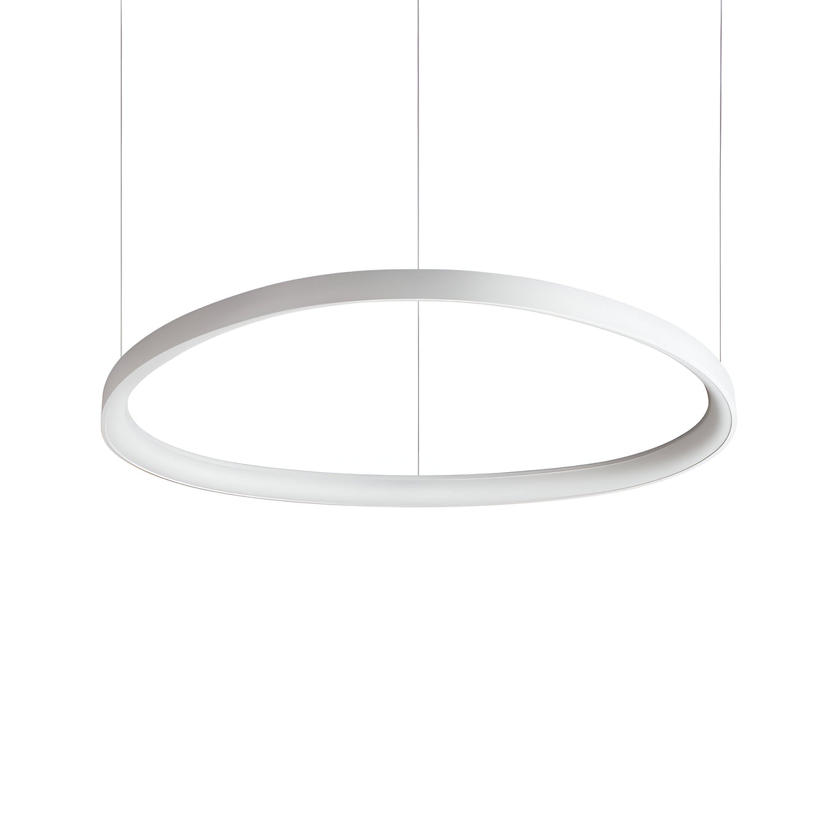 The Zephra Dimmable LED Light Suspension 55W 3000K - White, 81cm is a sleek, modern circular fixture with dimmable capabilities. It features an elegant suspension by two thin cables, casting an even glow against its plain white backdrop and highlighting its simple yet sophisticated design.