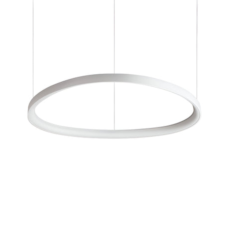 The Zephra Dimmable LED Light Suspension 55W 3000K - White, 81cm is a sleek, modern circular fixture with dimmable capabilities. It features an elegant suspension by two thin cables, casting an even glow against its plain white backdrop and highlighting its simple yet sophisticated design.
