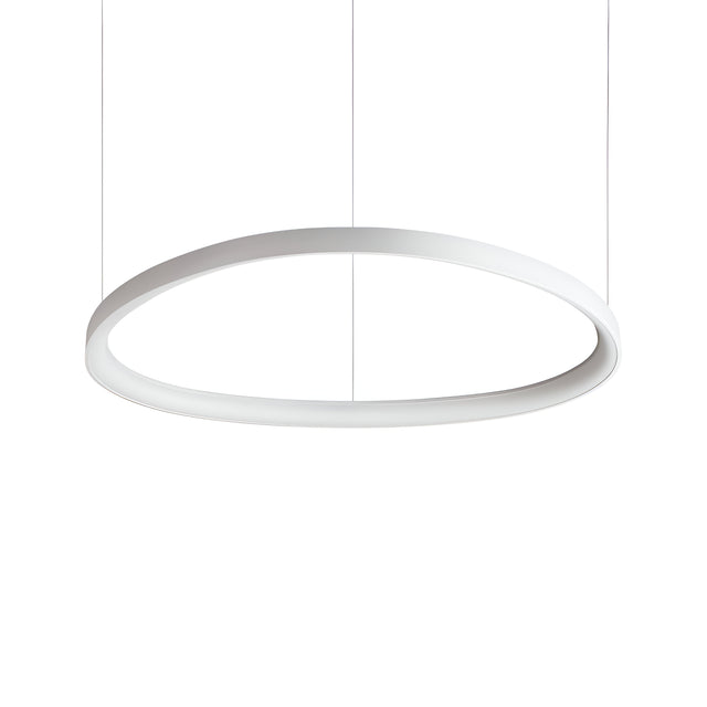 The Zephra Dimmable LED Light Suspension 55W 3000K - White, 81cm is a sleek, modern circular fixture with dimmable capabilities. It features an elegant suspension by two thin cables, casting an even glow against its plain white backdrop and highlighting its simple yet sophisticated design.