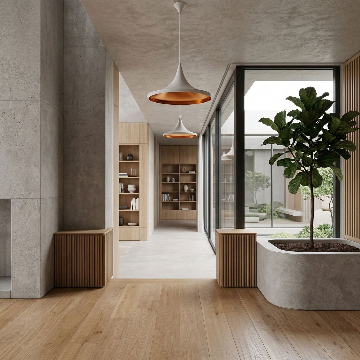 A modern, minimalist interior with light wood floors, concrete walls, large windows, built-in planters of greenery, shelves displaying decor, and a Funk Wide Pendant Light - White. Ample natural light brightens the open space.
