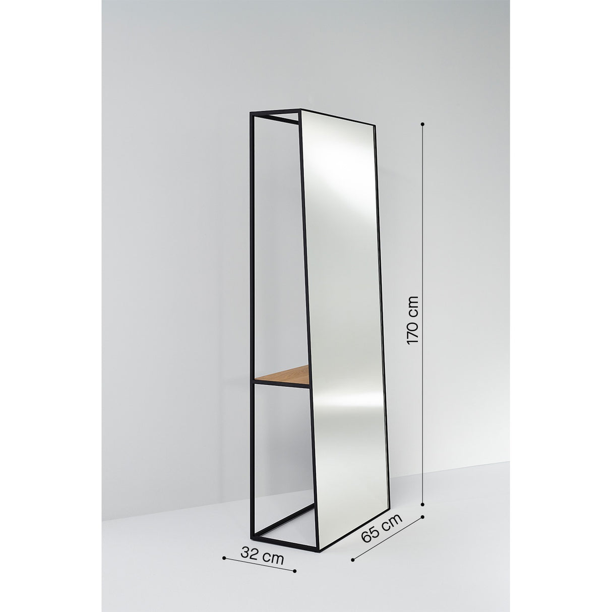 Chassis XL free standing cheval mirror in black metal frame with open top rail and solid oak shelf, shown with dimensions 170cm high, 65cm wide, 32cm deep on a plain grey background.
