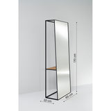 Chassis XL free standing cheval mirror in black metal frame with open top rail and solid oak shelf, shown with dimensions 170cm high, 65cm wide, 32cm deep on a plain grey background.