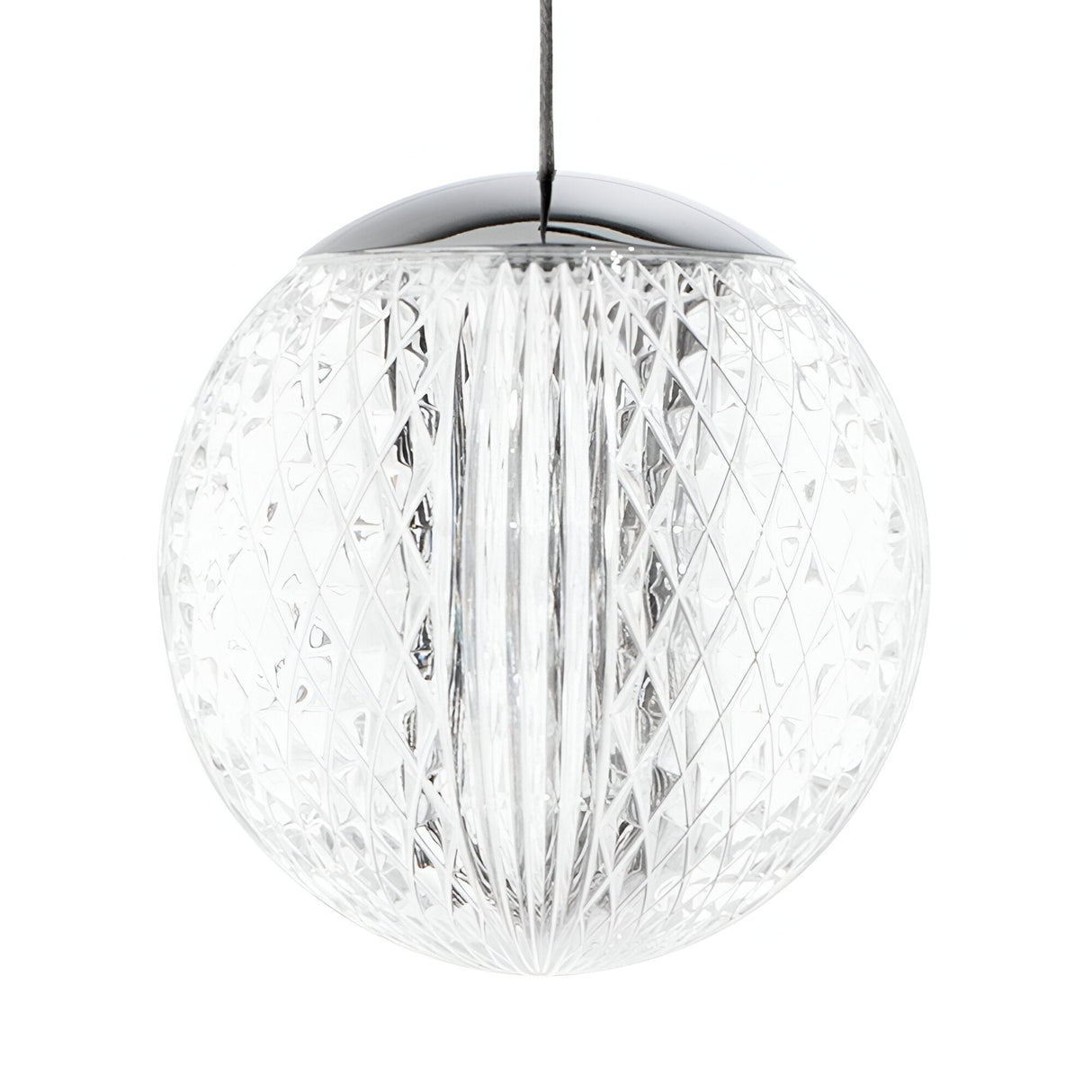 The Lustris 1 Light LED Glass Pendant showcases a spherical design with an intricate diamond-cut pattern. Its sophisticated, reflective surface is elegantly suspended by a dark cord, making it ideal for modern interiors that prioritize energy-efficient illumination.
