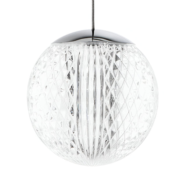 The Lustris 1 Light LED Glass Pendant showcases a spherical design with an intricate diamond-cut pattern. Its sophisticated, reflective surface is elegantly suspended by a dark cord, making it ideal for modern interiors that prioritize energy-efficient illumination.
