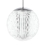 The Lustris 3 Light LED Cluster Pendant, featuring a power rating of 16W and a color temperature of 3000K, hangs elegantly in a silver finish against a white background. Its round shape and intricately patterned clear glass design, accompanied by crystal-effect diffusers and diamond-shaped texture, refract light beautifully to create a sophisticated appearance while ensuring energy efficiency.
