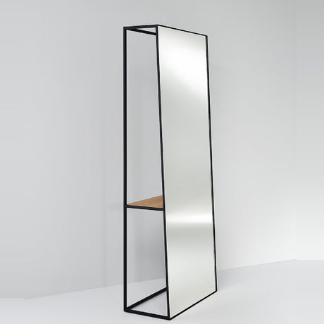 Chassis XL Oak Shelf Free Standing Mirror 170cm in Black, an open black metal frame cheval mirror with a solid oak shelf inset, shown against a plain light grey background.