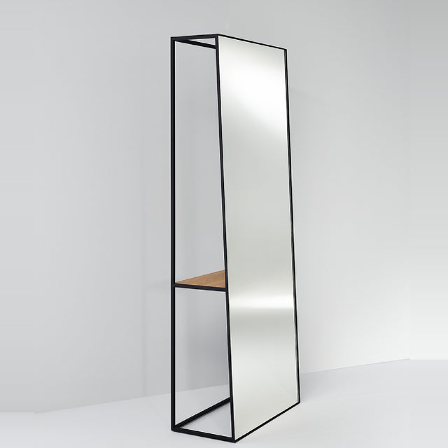 Chassis XL Oak Shelf Free Standing Mirror 170cm in Black, an open black metal frame cheval mirror with a solid oak shelf inset, shown against a plain light grey background.