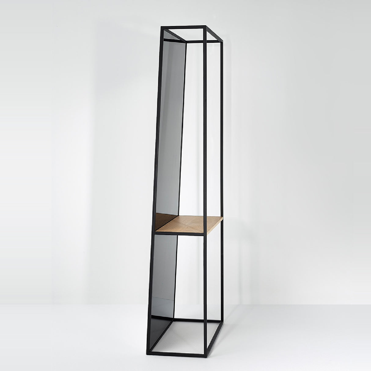 Chassis XL free standing cheval mirror, 170cm black metal frame with splayed foot, clear glass panels and a solid oak shelf, set against a plain white background.