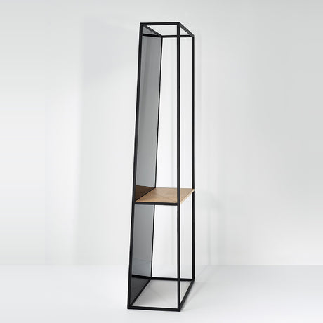 Chassis XL free standing cheval mirror, 170cm black metal frame with splayed foot, clear glass panels and a solid oak shelf, set against a plain white background.