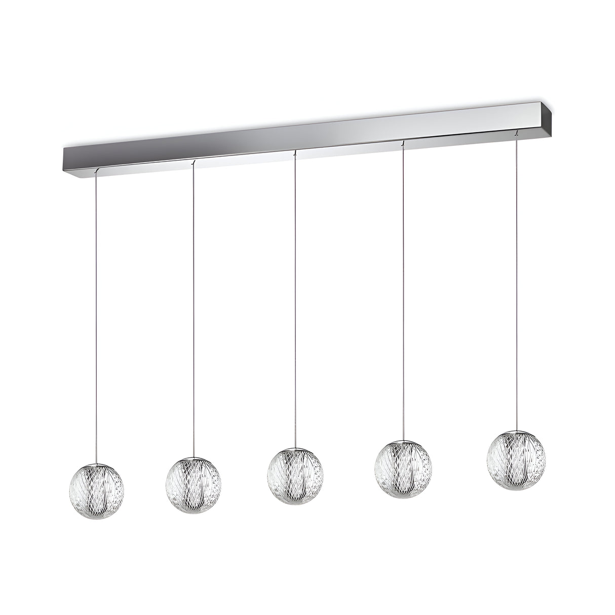 The Lustris 5 Light LED Bar Pendant features five spherical bulbs, each elegantly encased in a textured wire mesh with acrylic diffusers to ensure even illumination. These bulbs are suspended in a linear arrangement from a sleek rectangular base, providing energy-efficient lighting with a contemporary and minimalist design. This modern light fixture has an output of 27W at 2000K and comes in a stylish silver finish.