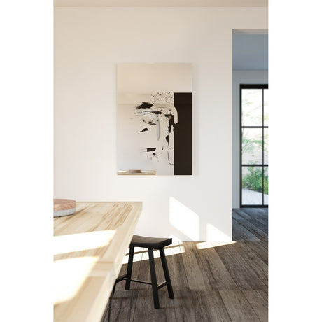 Connect I rectangular wall mirror 150cm, frameless glass with printed black panel and brushstroke marks, shown mounted in a neutral dining and hallway setting.