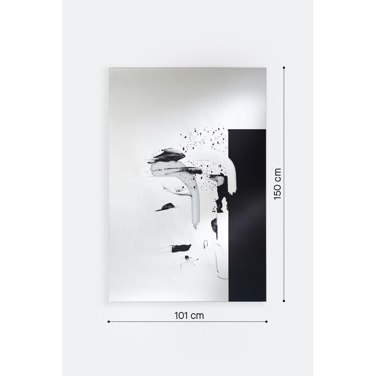 Connect I Brushstroke Printed Glass Wall Mirror, 150x101cm rectangular frameless design with black panel and abstract brushstroke print, shown with dimensions on a plain white background.