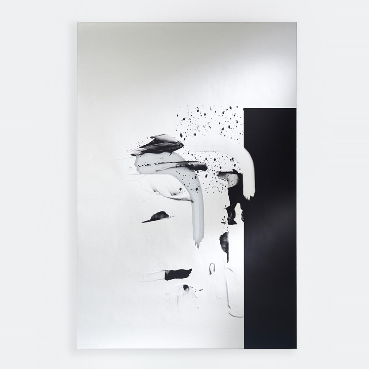Rectangular frameless 150cm wall mirror with a black printed panel and grey brushstroke marks across mirrored and clear glass, shown on a white background.