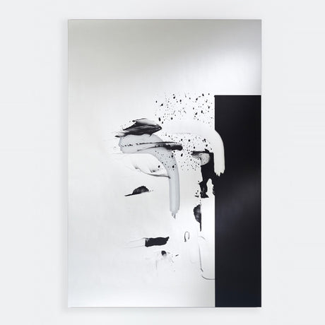 Rectangular frameless 150cm wall mirror with a black printed panel and grey brushstroke marks across mirrored and clear glass, shown on a white background.