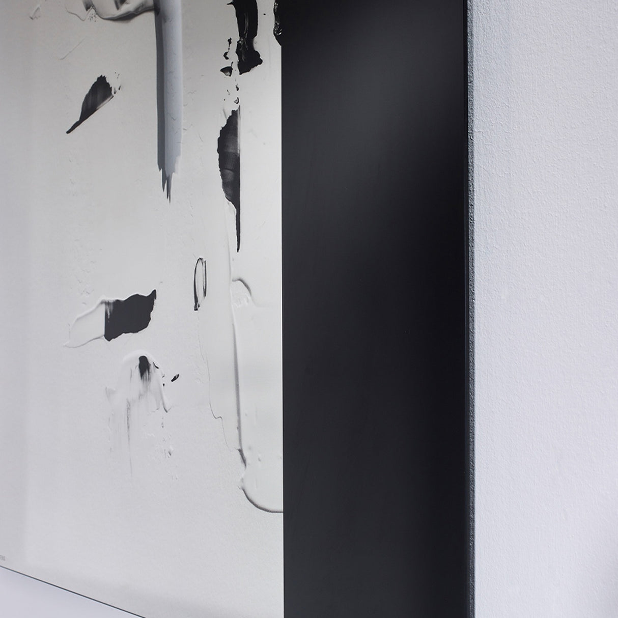 Connect I Brushstroke Printed Glass Wall Mirror 150cm, frameless rectangular design with a black printed panel beside brushstroke marks on partly mirrored, partly transparent glass.