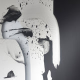 Connect I Brushstroke Printed Glass Wall Mirror 150cm, rectangular frameless design with black brushstroke print across mirrored and clear glass sections.