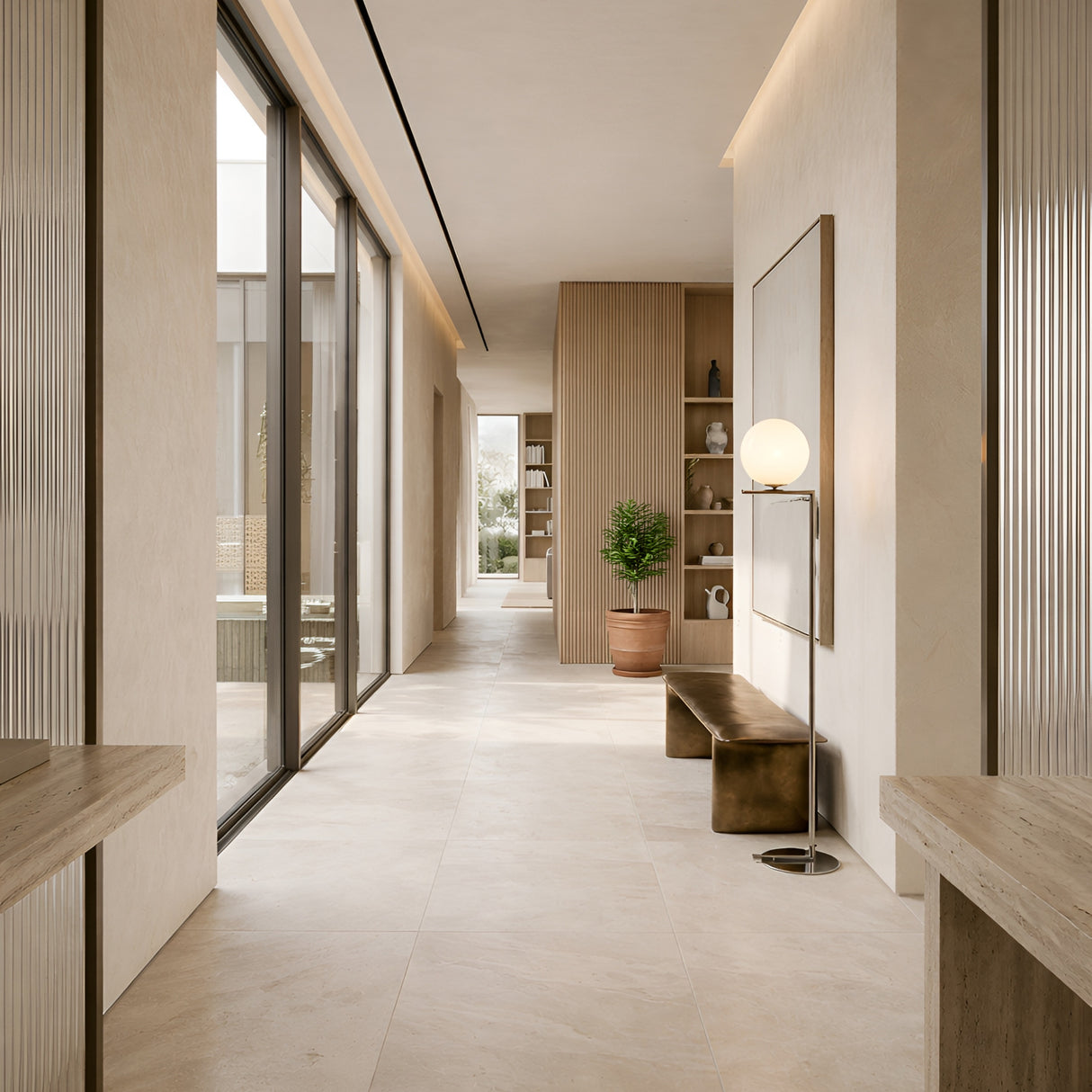 A modern, minimalist hallway with light beige tile floors, large windows on the left, wood accents, a metallic bench, built-in shelves with decor items, a potted plant, and ambient lighting from the Vetra 1 Light Opal Glass Floor Lamp - Grey.