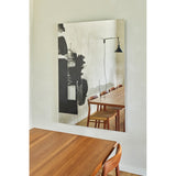 Connect II Brushstroke Printed Glass Wall Mirror, 150cm, rectangular frameless design with black abstract print, reflecting a dining area with wooden table and chairs.