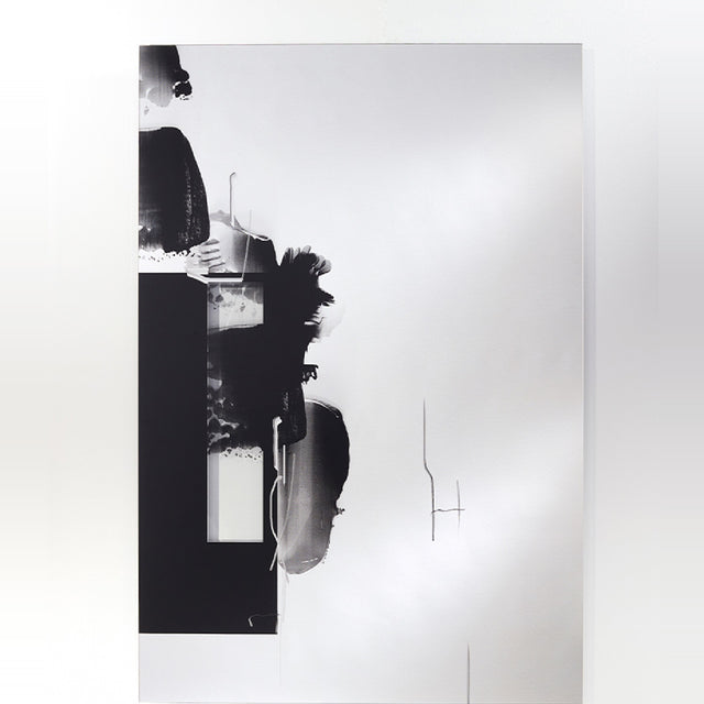 Connect II Brushstroke Printed Glass Wall Mirror 150cm, frameless rectangular design with black printed brushstroke marks and mirrored panels, shown against a plain light background.