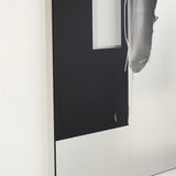 Angled close-up of the Connect II Brushstroke Printed Glass Wall Mirror 150cm, a frameless rectangular panel with a black block, grey brushstroke print and mirrored sections on a white wall.