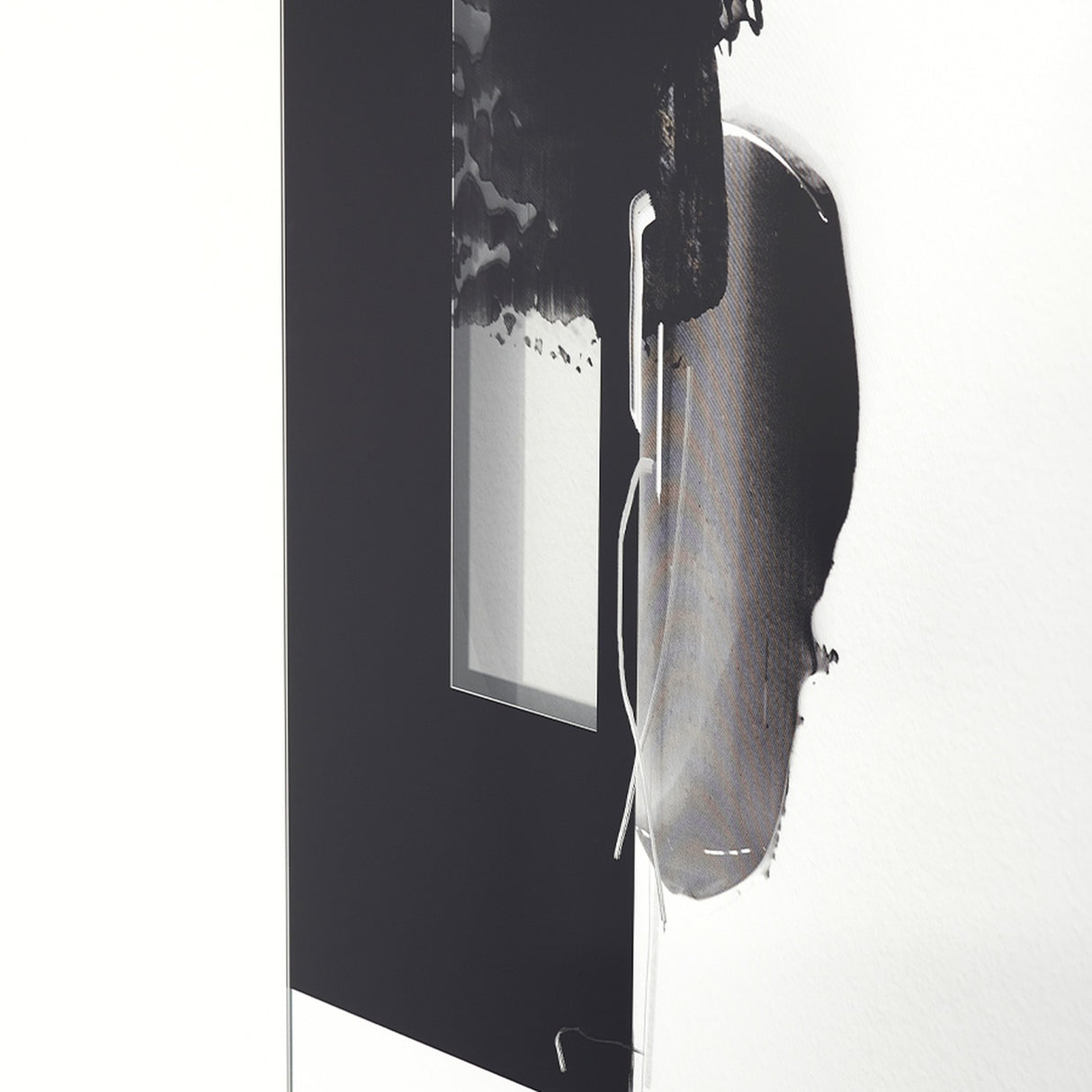 Connect II Brushstroke Printed Glass Wall Mirror 150cm, rectangular frameless design with bold black brushstroke print over partly mirrored glass, revealing the wall beneath.