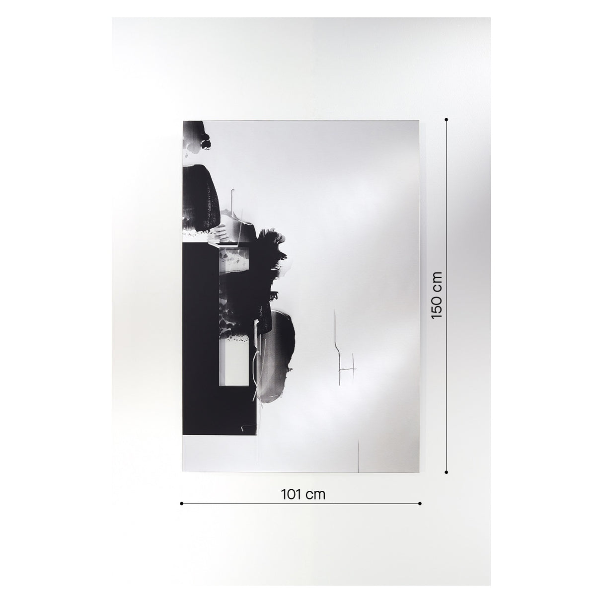 Rectangular frameless glass wall mirror, 150cm x 101cm, featuring a black abstract brushstroke print on partly mirrored glass.