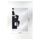 Rectangular frameless glass wall mirror, 150cm x 101cm, featuring a black abstract brushstroke print on partly mirrored glass.