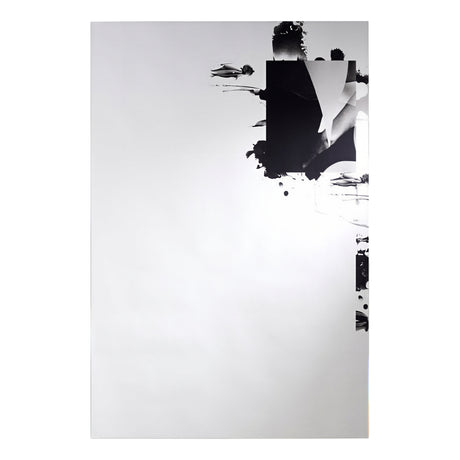 Connect III frameless rectangular wall mirror, 105cm, with a torn black printed form and photographic image in the gap, on a plain white background.