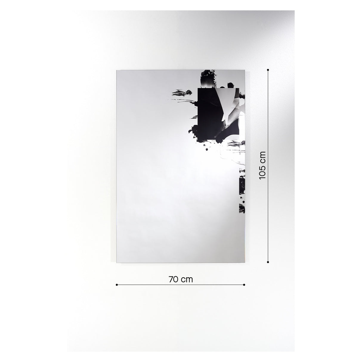 Connect III Printed Glass Wall Mirror, 70x105cm, frameless rectangular mirror with a torn black printed design revealing a photographic image beneath.