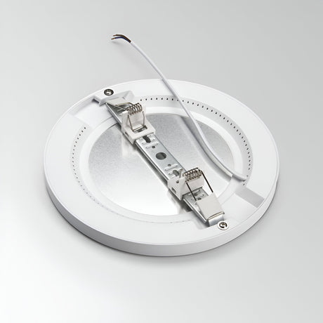 The Lucella Recessed Round LED Downlight - 20W, 4000K, White is an energy-efficient ceiling light fixture that combines style and functionality. It features a metal bracket for mounting and comes with a white power cable and two spring clips for easy installation. Set against a plain white background, this sleek downlight offers optimal lighting performance.
