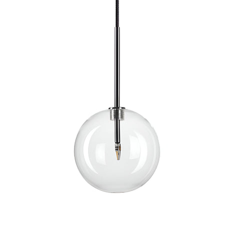 Introducing the Solarae 1 Light Glass Pendant, a chic lighting fixture with a 15cm clear glass globe suspended on a sleek chrome rod from the ceiling. The visible bulb inside accentuates its minimalist and contemporary charm.