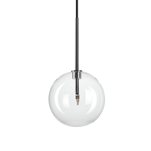 Introducing the Solarae 1 Light Glass Pendant, a chic lighting fixture with a 15cm clear glass globe suspended on a sleek chrome rod from the ceiling. The visible bulb inside accentuates its minimalist and contemporary charm.