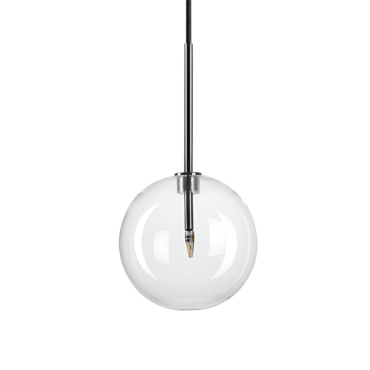 The Solarae 1 Light Glass Pendant - Chrome, 20cm is a contemporary light fixture with a clear glass globe and a sleek chrome rod. The visible bulb, hanging elegantly from a black cable inside the transparent sphere, complements its minimalistic and refined design.