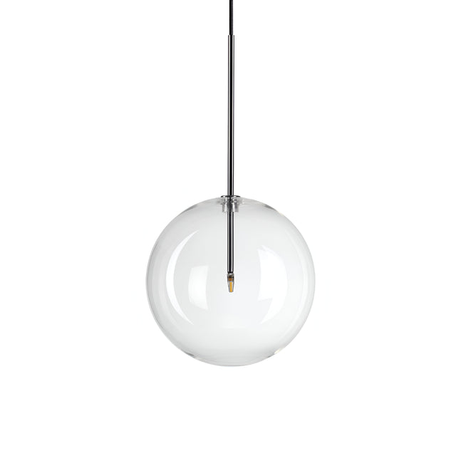 The Solarae 1 Light Glass Pendant in chrome, with a sleek 25cm design, encapsulates a single bulb and extends vertically through the top. Its minimalist style embodies modern lighting at its finest, offering a sleek and elegant appearance.