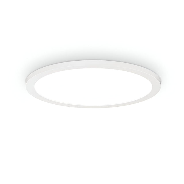 The Spark Slim LED Flush Light 53W 4000K in white, with a diameter of 60cm, is mounted on the ceiling. Its sleek frame and flat design emit a soft, energy-efficient glow, making it ideal for those who favor minimalist and contemporary lighting styles.