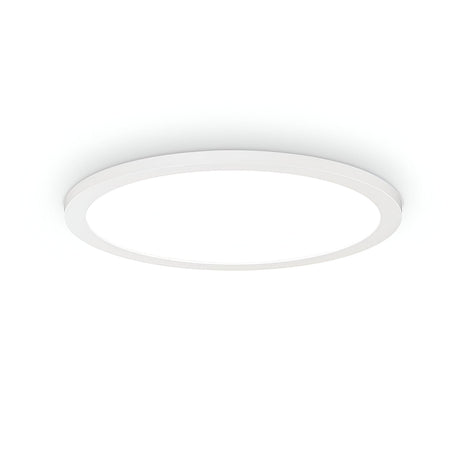 The Spark Slim LED Flush Light 18W 3000K in White, measuring 35cm, is displayed against a plain white background, highlighting its sleek, contemporary circular design and energy-efficient lighting capabilities.