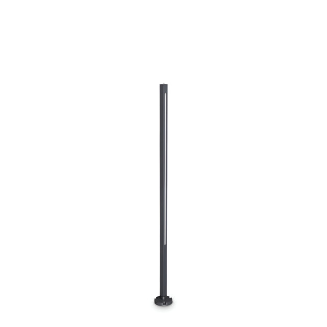 A sleek grey Arcera Outdoor LED Bollard Light, standing at 120cm with a slender vertical design and a compact circular base, showcases energy-efficient illumination, placed against a plain white background.