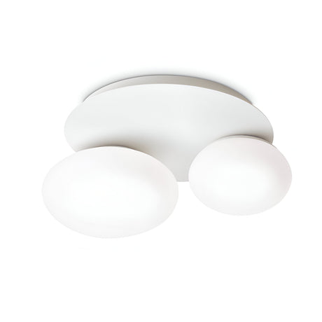 The Halion 2 Light Flush - White is a minimalist ceiling light fixture with two circular white frosted glass shades set on a round base, featuring an elegant white finish. Its modern design makes it ideal for contemporary interiors.