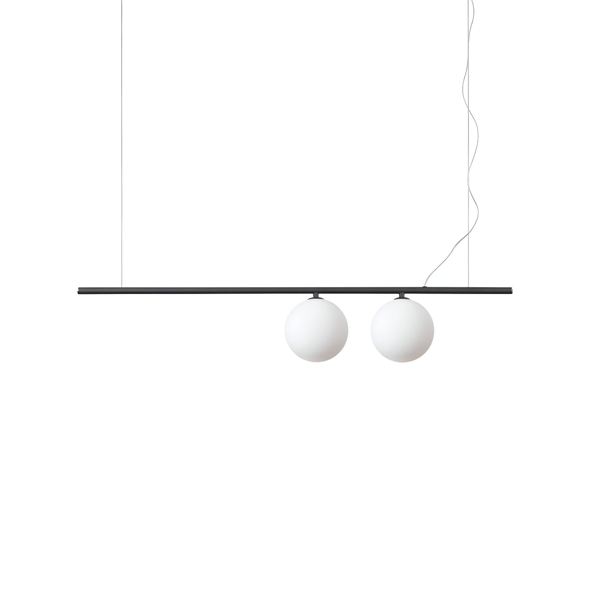 The Zephira 2 Light Linear Suspension in Black features a sleek horizontal bar design with a minimalist matt black finish, elegantly suspending two round white globes. The thin, adjustable cables enhance the modern aesthetic by supporting the bar against a plain white background.