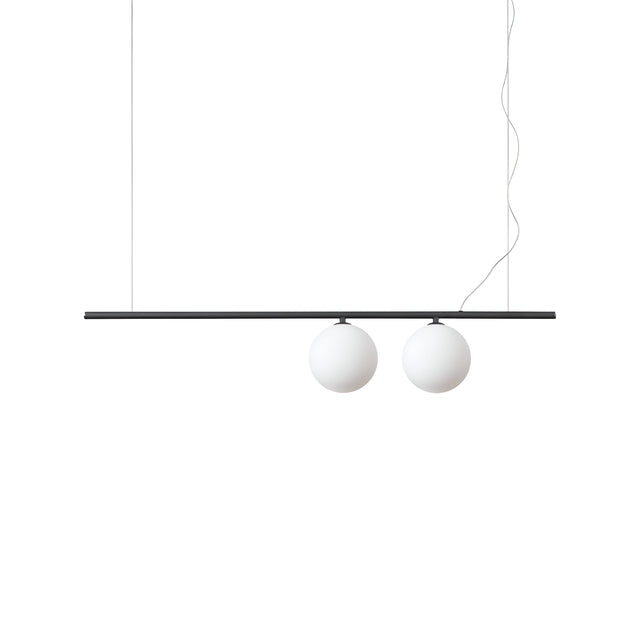 The Zephira 2 Light Linear Suspension in Black features a sleek horizontal bar design with a minimalist matt black finish, elegantly suspending two round white globes. The thin, adjustable cables enhance the modern aesthetic by supporting the bar against a plain white background.