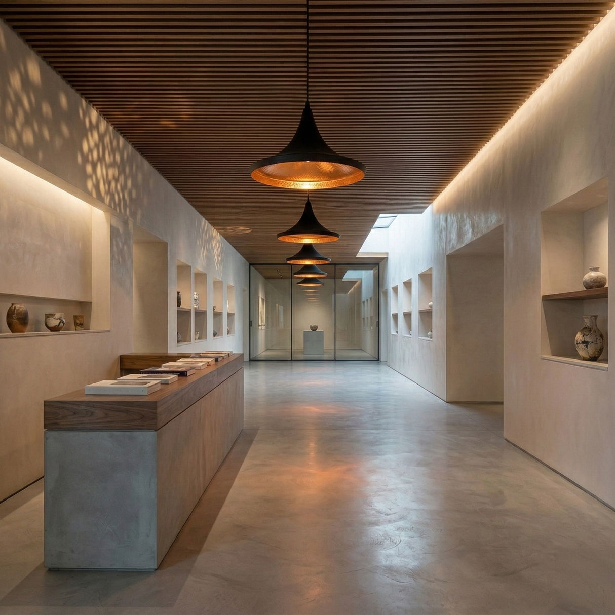 Niori Funk Wide Pendant Lights in matt black with glowing gold interiors hung in a row along a minimalist gallery corridor with pottery niches.